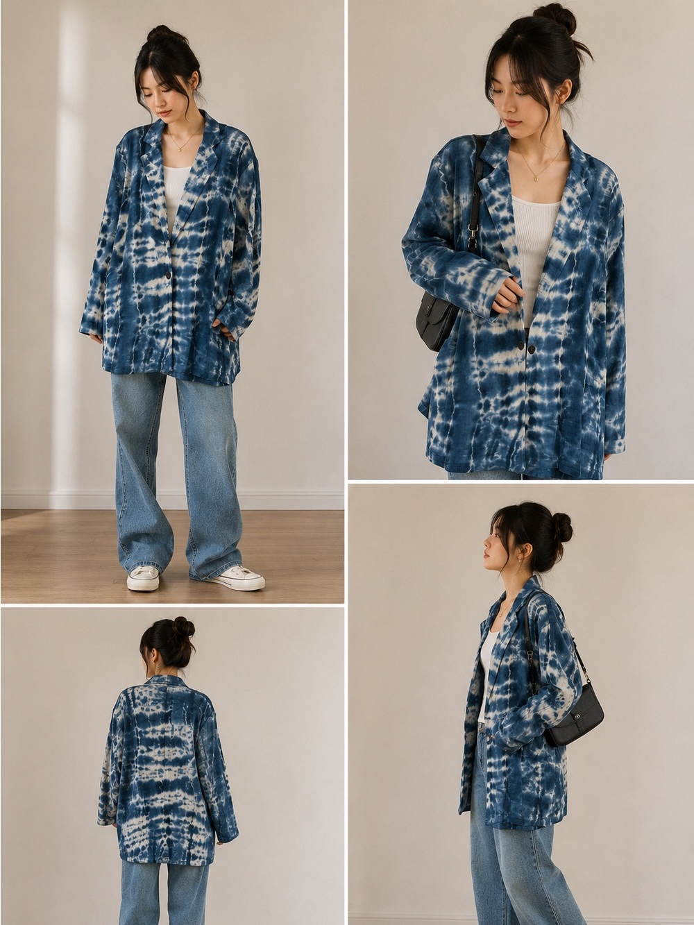 Tina Jo Anthropologie XS 100% Cotton Oversized Blue and White Tie-Dye Blazer